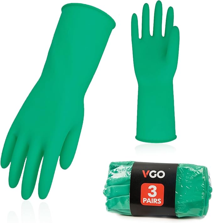Vgo... 3-Pairs Reusable Household Gloves, Rubber Dishwashing gloves, Extra Thickness, Long Sleeves, Kitchen Cleaning, Working, Painting, Gardening, Pet Care (Size L, Green, HH4601)