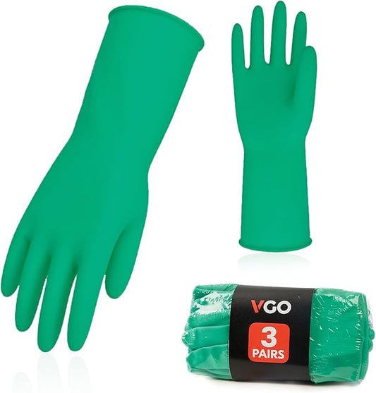 Vgo... 3-Pairs Reusable Household Gloves, Rubber Dishwashing gloves, Extra Thickness, Long Sleeves, Kitchen Cleaning, Working, Painting, Gardening, Pet Care (Size M, Green, HH4601)