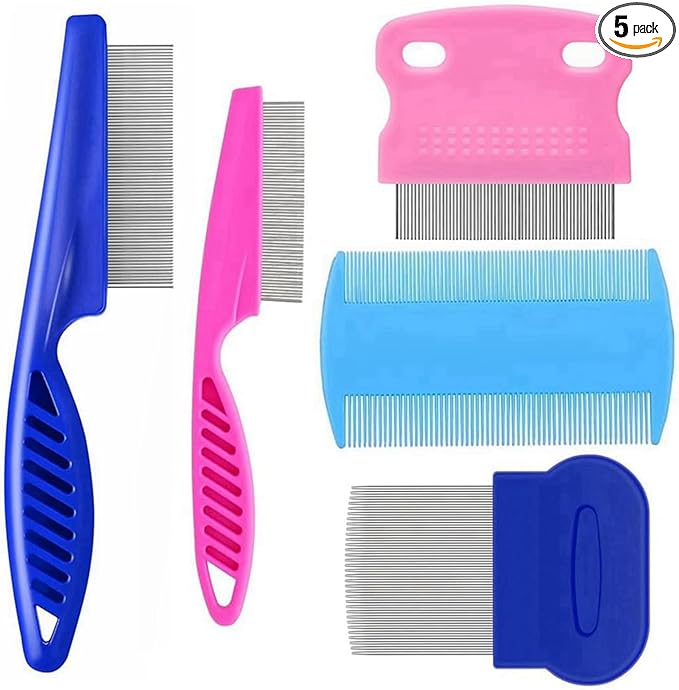 5 Pack Flea Lice Comb,Stainless Steel Dog Cat Grooming Combs with Rounded Teeth,Double Sided Professional Pet Tear Stain Remover,Dematting Tool for Small, Ideal for all pet