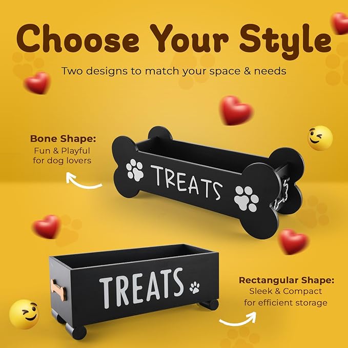 Furry Tails Co Dog Treat Container - Includes 3 Treat Jars, 1 Treat Bag, Wooden Pet Treat Holder, storage Basket, Dog Treat Station, with Reusable Sticker & Marker - Bone Shape
