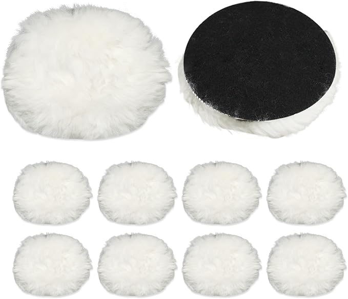 PHITUODA 10 Pcs Wool Polishing Pad 3 Inches Soft Sheepskin Buffing Pads with Hook and Loop Back for Compound Cutting & Polishing for Automotive, Marine, Furniture