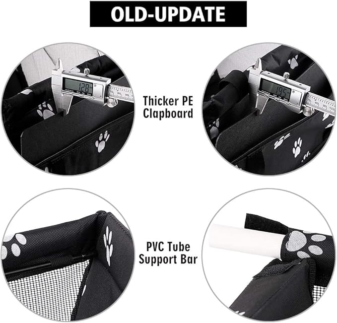 Petbobi Pet Reinforce Car Booster Seat for Dog Cat Portable and Breathable Bag with Seat Belt Dog Carrier Safety Stable for Travel Look Out,with Clip on Leash with PVC Tube, Black Paw Print