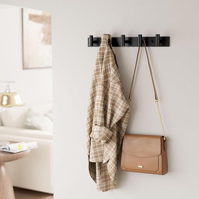 Black Wall Mounted Coat Rack – 5 T-Shaped Pegs for Hats, Bags & Towels, Heavy-Duty Metal Rail for Entryway, Bathroom, Closet, Bedroom (1 Pack)