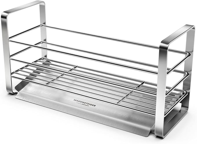 Stainless Steel Over Sink Organizer Rack, Sponge Holder, Soap Dispenser, Fast Drainage Kitchen Caddy with Removable Drainer Tray, Washbasin Caddy, Sink Drying Rack with Sloped Design