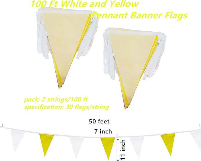 100 Feet Yellow & White Pennant Banner Flags String Hanging Yellow & White DIY Triangle Bunting Flags,Party Decorations for Grand Opening,Party Events Celebration,Kids Birthday,60 Pcs