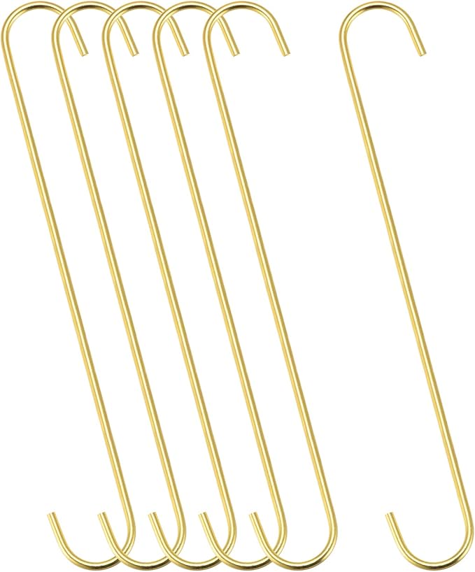 uxcell S Hanging Hooks, 12inch/300mm Extra Long Steel Hanger, Indoor Outdoor Uses for Garden, Bathroom, Closet, Workshop, Kitchen, Gold Tone, 6Pcs
