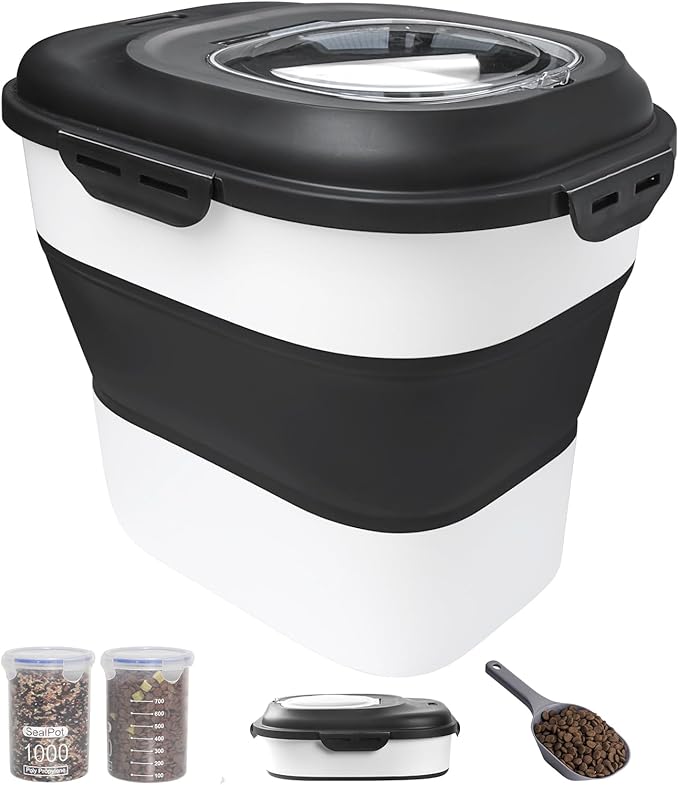 DDMOMMY 30-35 Lbs Dog Food Storage Container Collapsible Dog Food Container with Airtight Lids, Wheels, Scoop and 2pcs Food Storage Containers, Large Pet food storage for Dog, Cat (Black)
