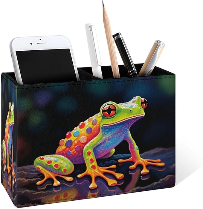 Famame Colorful Frog Pencil Holder for Desk, Leather Desktop Container Pen Cup Storage Study Table Pen Organizer Makeup Brush Holder for Classroom Office Home