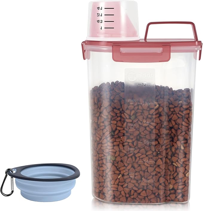LEAWALK 3-5Lbs Small Cat Dog Food Storage Containers BPA Free, Airtight Pet Food Storage Containers with Large Pour Spout/1 Measuring Cup/ 4 Safety Locks and double-layer silicone strip (Clear PInk&1)