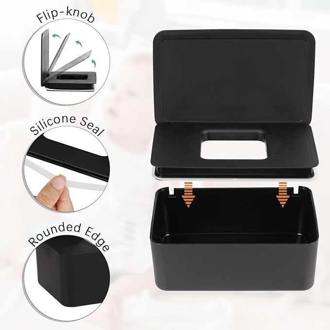 Whiidoom Diaper Wipes Dispenser Wipes Holder, Wipes Tissue Case Keeps Wipes Fresh Tissue Wipes Container with Lid (Black)