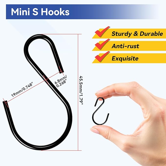 40PCS 1.7 Inch S Hooks, S Hook Small Black Carbon Steel S Hooks for Hanging Plants, DIY Crafts, Jewelry, Key Chains, Christmas Ornaments