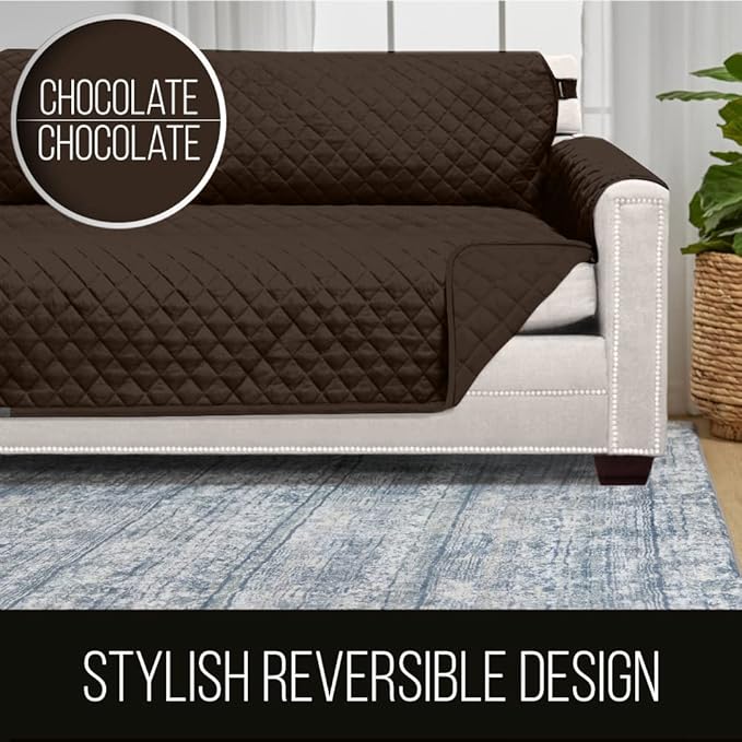 Sofa Shield Couch Slip Cover with Patented Strap, Cushion Protector, US Designed Reversible Stain and Dog Tear Resistant Slipcover, 88 inch Seat, Washable Covers for Dogs Pets, Chocolate