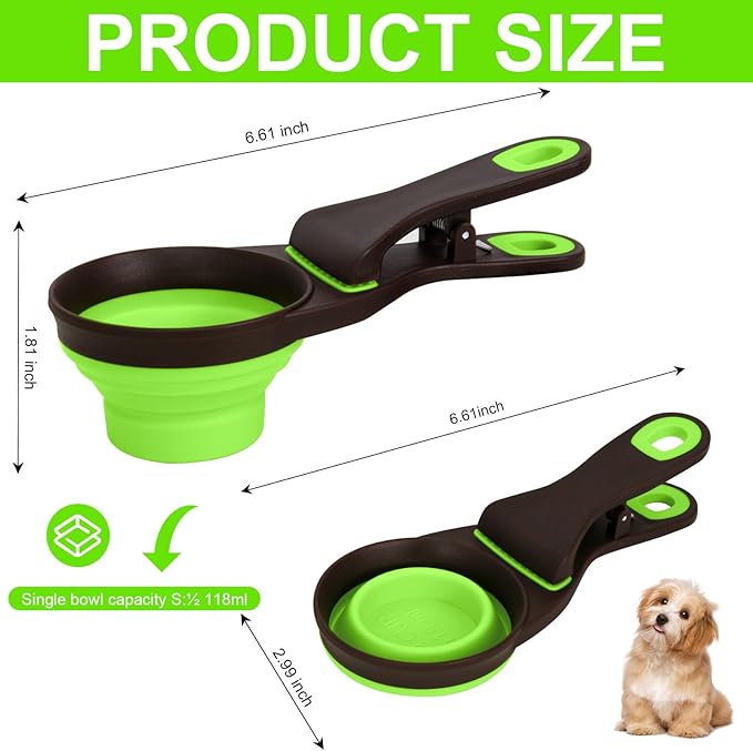 PNEUICALLY Collapsible Silicone Dog Food Scoop Foldable Pet Food Measuring Cup with Bag Clip 3 in 1 Multi-Function Silicone Dog Food Scooper (Green, Small)