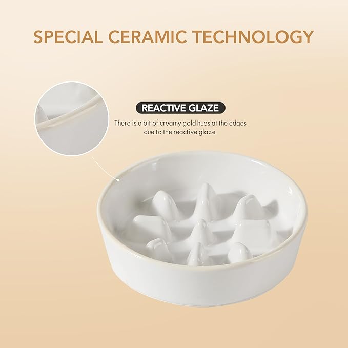 Ceramic 1.2 Cup Dog Raised Slow Feeder Set, Elevated Bowl with Wooden Stand for Medium and Small Dog, 7.3inch Slow Feeder Dish for Fast Easters(Single Bowl+ Stand, Reactived Glaze -White)