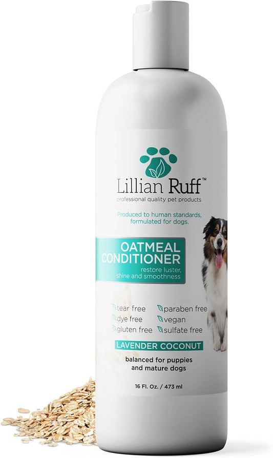 Lillian Ruff PRO Formula Oatmeal Dog Conditioner - Nourishing & Calming Relief for Allergies & Sensitive Skin - Detangles, Softens & Adds Shine with Oatmeal, Coconut Oil & Lavender - USA Made (16oz)