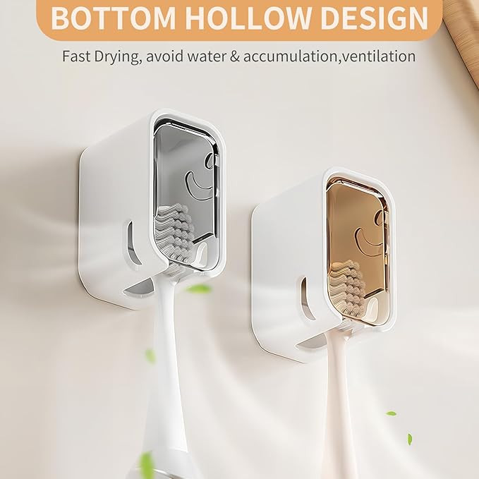 Wall Mounted Toothbrush Holders for Bathroom,Strong Self Adhesive Tooth Brush Holder with Cover, Toothbrush Heads Organizer for Family, 4 Pcs