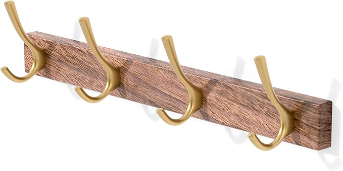 IURRDOP 17 Inch Walnut Wood Wall Mounted Coat Rack with 4 Gold Double Hooks, Adhesive Mounted Entryway Hooks, Modern Natural Wooden Pegs for Hanging Coat Clothes Hat Bag Purse Key and Towel