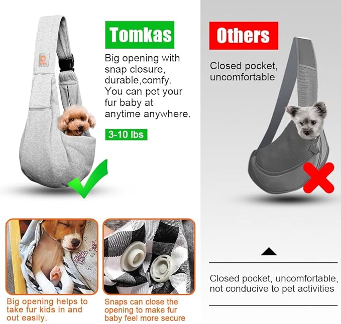 Tomkas Small Dog Sling Carrier - Zipper Pocket & Adjustable Strap - for 3-10 lbs Pets(Gray) Puppy