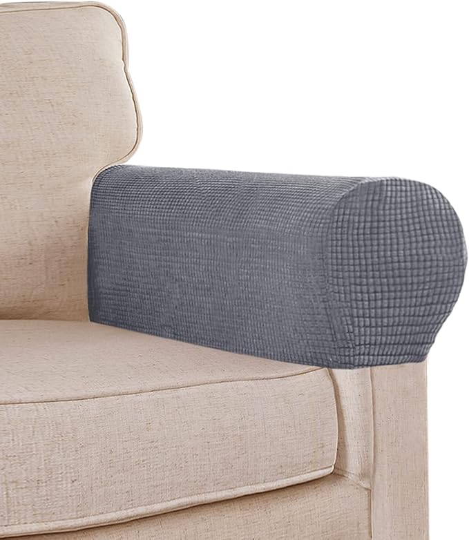 Stretch Sofa Arm Covers Spandex Jacquard Anti-Slip Couch Arm Covers with Sticker Furniture Armrest Protector for Sofa Couch Chair Recliner, Set of 2, Grey