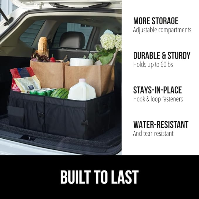 GORILLA GRIP Large Capacity Sturdy Trunk Storage Organizer, Slip and Water Resistant Collapsible Organization Container, Holiday Gifts for Men, Women, Multi Compartment Car or SUV Accessories, Black
