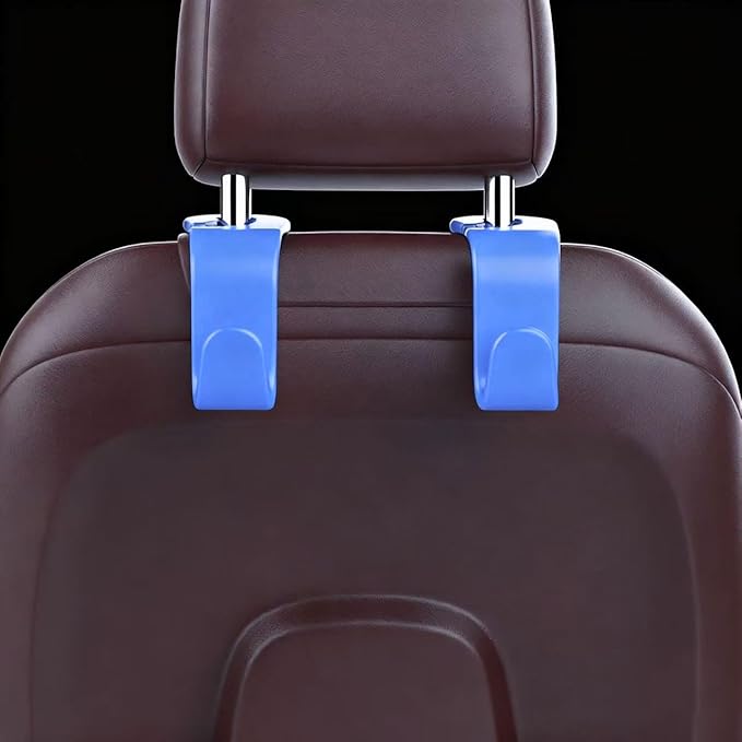 ANULEYO 4 car Hooks for headrests, PE Material seat Back Hooks and Phone Holder, Double Headed Pillow, Wallet Storage, Handbags, Bags (Blue)