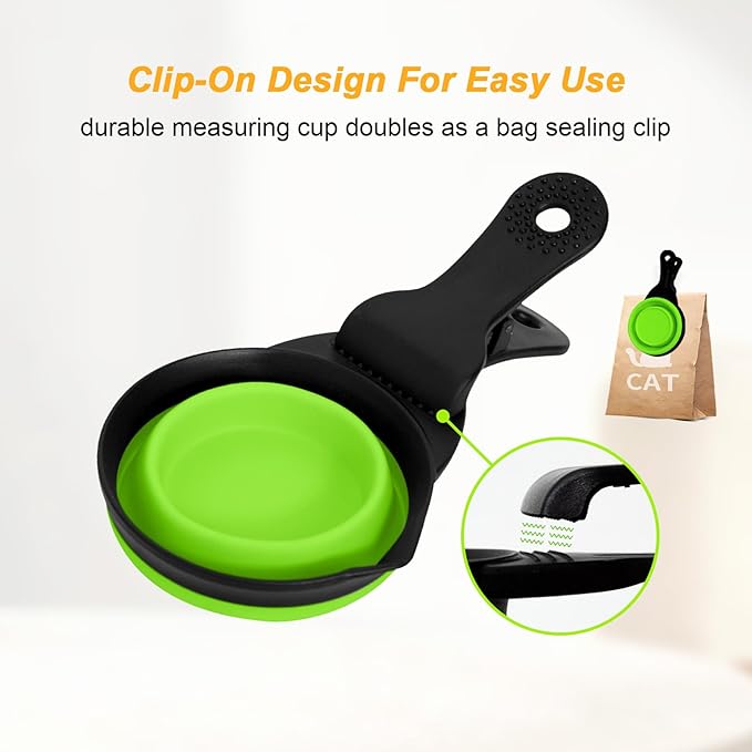 PNEUICALLY Collapsible Dog Food Scoop Foldable Pet Food Bag Clip 3 in 1 Multi-function Silicone Cat Food Measuring Cup Scoop Dog Food Scooper Pet Food Storage Clip (Green, 1 Cup Capacity(1 Pack))