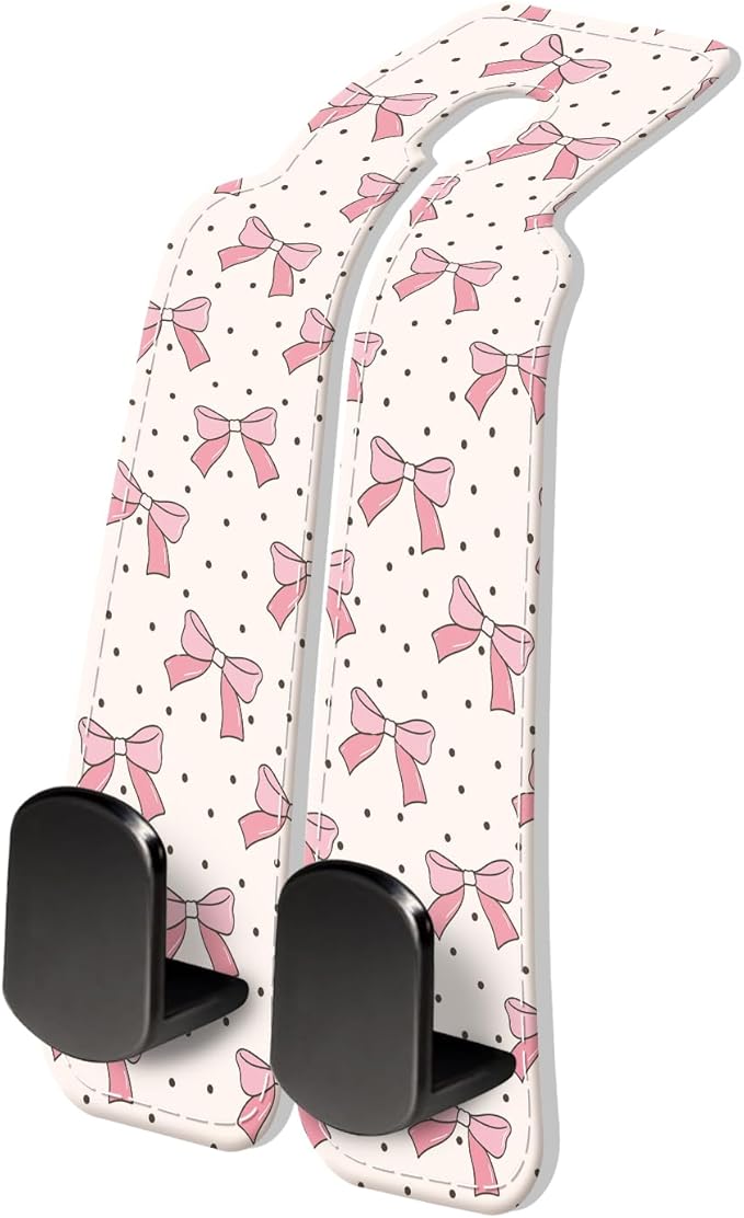 PU Leather Car Seat Hook, Storage Headrest Hanger, Cute Car Backseat Organizer, Car Hooks For Purses and Bags Pink Bow Pattern