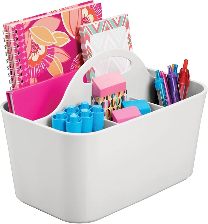 mDesign Plastic Small Office Storage Organizer Utility Tote Caddy Holder with Handle for Cabinets, Desks, Workspaces - Holds Desktop Office Supplies, Pencils, Staplers Lumiere Collection - Light Gray
