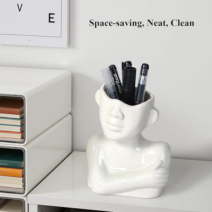 Ceramic Face Pen Holder Organizer, Female Form Face Pen Tools Storage Cup for Desk Accessories, Compact Pencil Holder for Desktop, Living Room, School, Home and Office Decor
