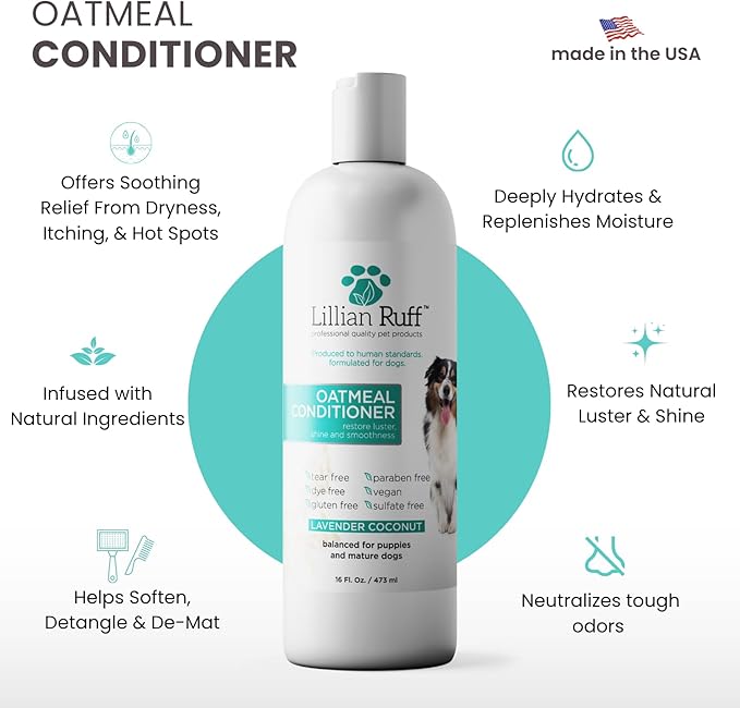 Lillian Ruff PRO Formula Oatmeal Dog Conditioner - Nourishing & Calming Relief for Allergies & Sensitive Skin - Detangles, Softens & Adds Shine with Oatmeal, Coconut Oil & Lavender - USA (16oz+Brush)