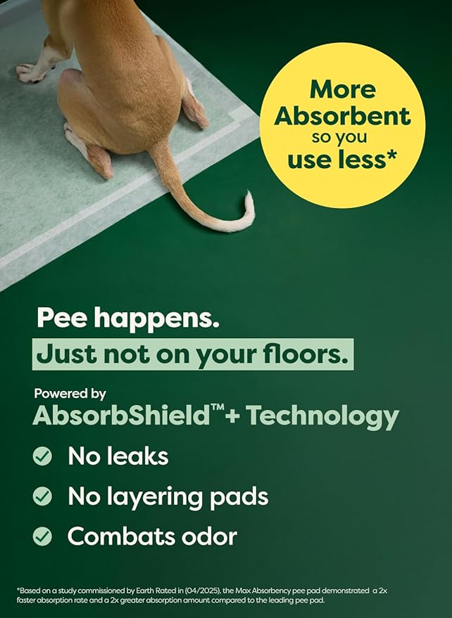 Earth Rated Max Absorbency Puppy Pee Pads for Dogs Absorbs 2X Faster & 2X More, Leak-Proof, Odor Control Potty Training, Unscented, XL, 28” x 34”, 40 Count