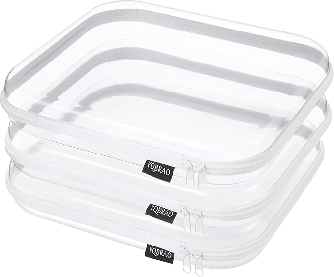 YQBRAO 3-Pack Large Clear Hard Shell Zipper Case, 1.2mm Rigid Toy & Cosmetic Bags, Heavy-Duty Diaper Bag Pouch Set with YKK Zippers, Waterproof Travel & Makeup Organizer