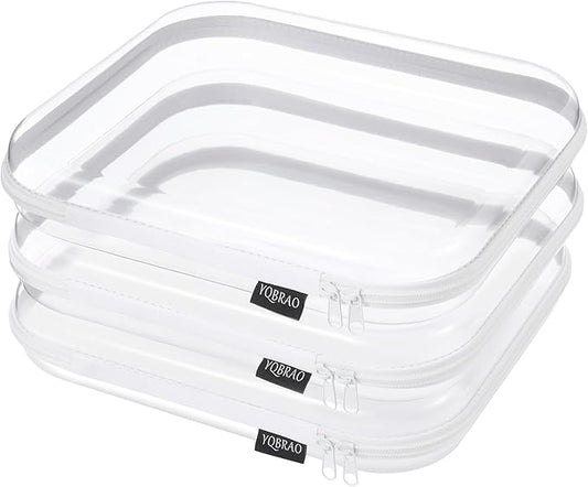 YQBRAO 3-Pack Large Clear Hard Shell Zipper Case, 1.2mm Rigid Toy & Cosmetic Bags, Heavy-Duty Diaper Bag Pouch Set with YKK Zippers, Waterproof Travel & Makeup Organizer