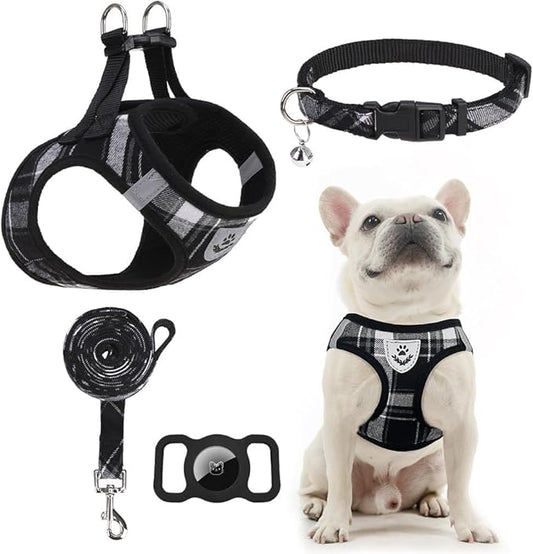 EXPAWLORER Classic Plaid Puppy Harness - Dog Collar and Leash - Soft Mesh Padded Adjustable Step in Small Dog Vest Harness No Pull, Reflective Escape Proof for Outdoor Walking, Black XXS
