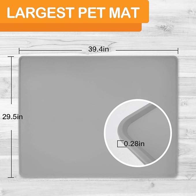 Pet Food Mat Pet Feeding Mat Silicone Placemat for Dog and Cat Food Water Bowl Dog Food Mats for Floors Non Slip Waterproof Anti-bite Cool Grey 39.4X29.5in