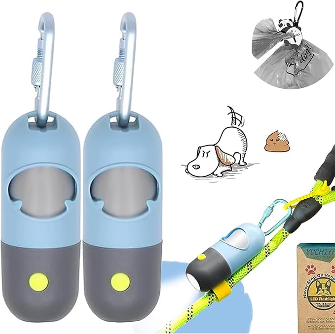 Dog Poop Waste Bags Holder with LED Flashlight|Cute Doggie Poo Bags Dispenser for Pet Leash|Trash Waste Bags Carrier with Potty Bags Clip Fastener LR44 Button Cells Included(2 Pack) (Sky Blue)