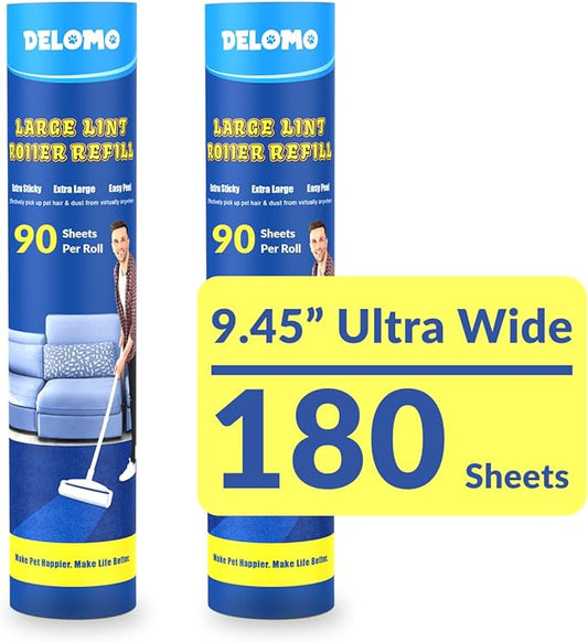 DELOMO Large Lint Roller Refills (2 Pack, 180 Sheets) – Compatible Only with DELOMO 9.45 in Floor Lint Roller – Extra Sticky Floor Lint Roller Refill for Carpets, Cars, Clothing & Pet Hair