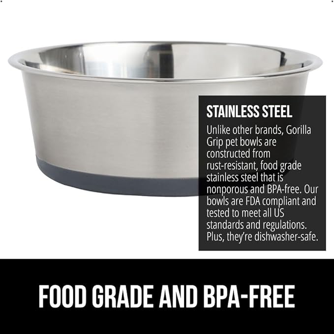 GORILLA GRIP Dog Bowls, Holds 1 Cup Each (8 fl oz), Heavy Duty Stainless Steel Food and Water Bowl for Feeding Dogs and Cats, Dishwasher Safe, Rust Resistant Metal, BPA Free Rubber Base, Set of 2 Gray