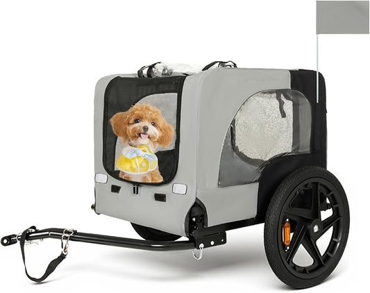 Collapsible Pet Bike Trailer, Portable Dog Bicycle Trailer with Enhanced Safety Design, Weatherproof & Ventilated Pet Carrier for Small to Medium Pets Up to 66 lbs (Grey)