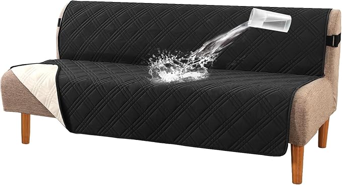 H.VERSAILTEX 100% Waterproof Futon Slipcovers Reversible Couch Cover Armless Futon Covers Slipcover Furniture Protector with Adjustable Elastic Strap Non-Slip Pets Covers, Black/Beige