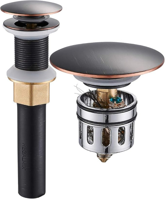 Bathroom Sink Drain, Vessel Sink Pop Up Drain with Detachable Basket Stopper,Anti-Explosion and Anti-Clogging Drain Strainer, Sink Drain Assembly Without Overflow Oil Rubbed Bronze, REGALMIX RWF082C