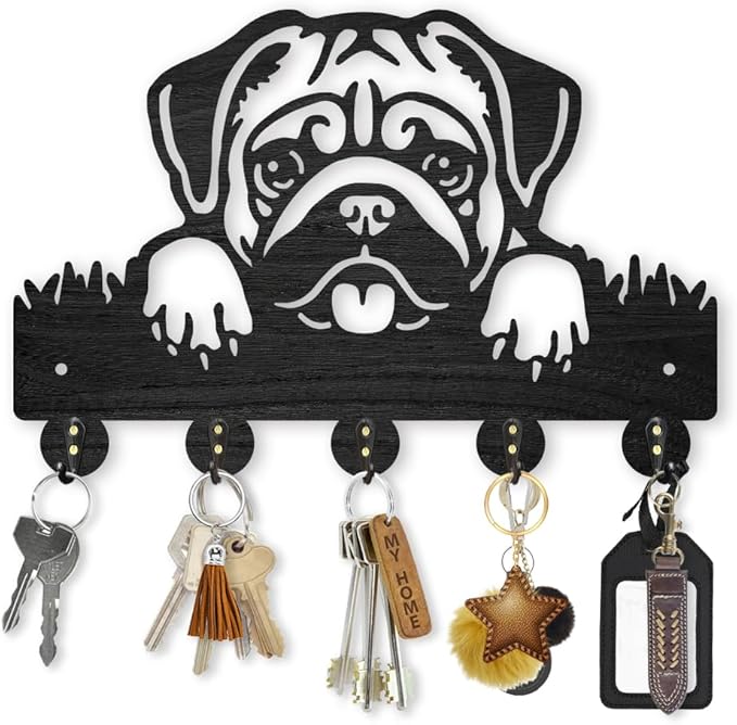MAYJOYDIY Wood Pug Dog Coat Rack Dog Pet Key Holder for Wall 11.8×7.9inch Animal Wall Hook Rustic Decorative Dog Hook 5 Alloy Hooks for Gift Dog Leash Entryway Living Room Farmhouse