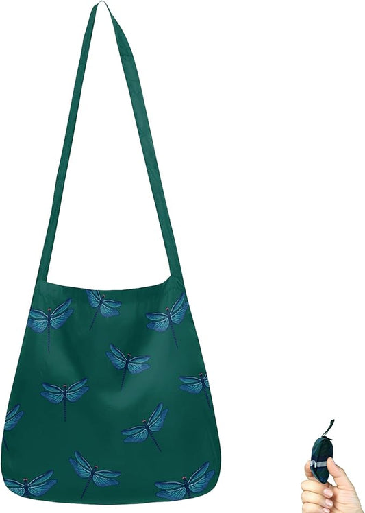 BeeGreen Dragonfly Ultimate Crossbody Tote Bag - Reusable Grocery Shopping Bag - Foldable Compact Portable Machine Washable