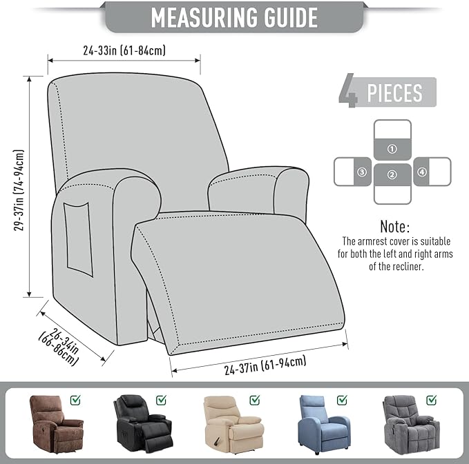 TAOCOCO Recliner Cover 4-Pieces, Recliner Stretch Sofa Slipcover, Recliner Cover 1 Seat, Couch Protector Soft, Furniture Protector Covers with Elastic,Chair Covers Jacquard Pattern (Dusty Grey)