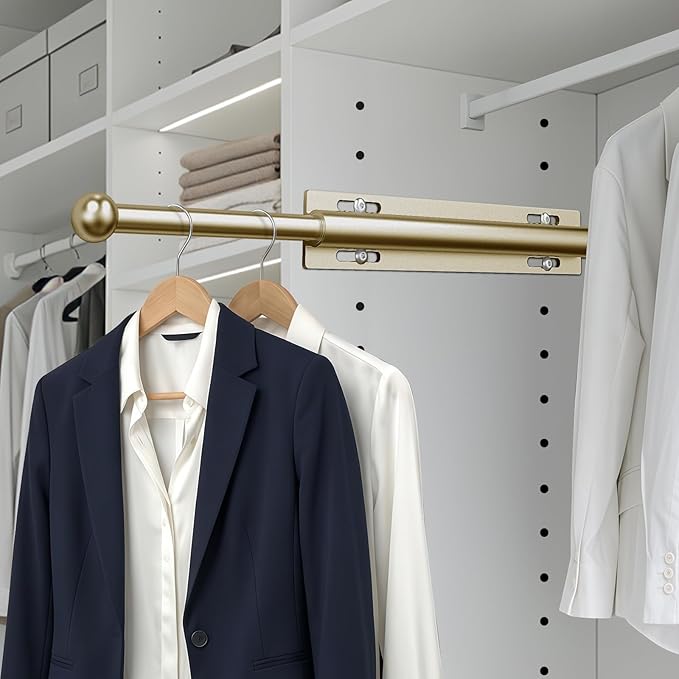 Valet Rod for Closet Pull Out, 12" Aluminum Valet Heavy Duty Closet Valet Rod, Adjustable Retractable Slide Out Valet Rod Closet Organization for Closet Laundry Bedroom Bathroom(Gold)