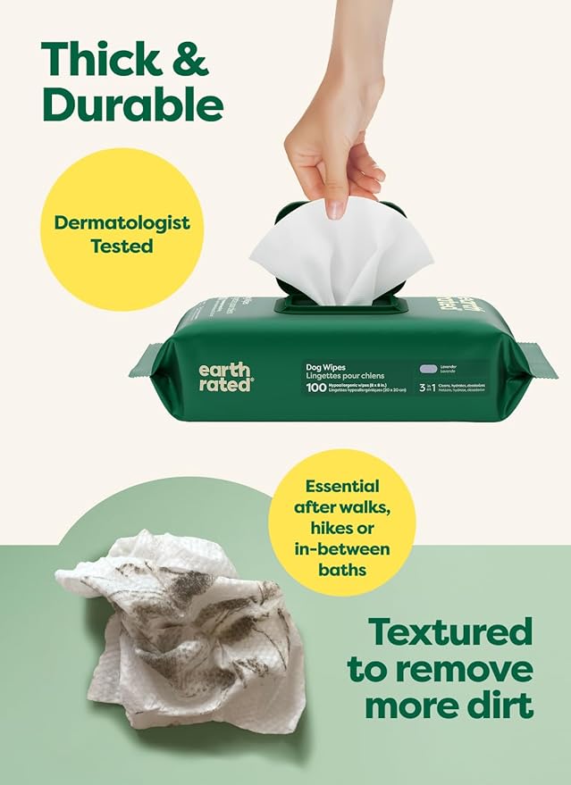 Earth Rated Dog Wipes, Hypoallergenic, Cleaning and Hydrating, for Grooming Paws, Body and Butt, Lavender Scented, 100 Count