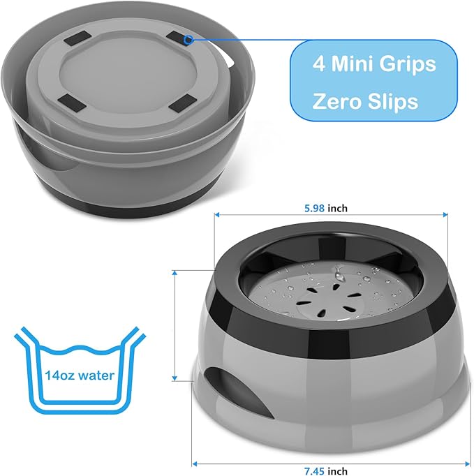 25oz Slow Drink Dog Water Bowl, No Spill Water Bowl for Dogs Cats, Non-Splash No Mess Puppy Kitten Water Feeder, Carried Portable Base for Vehicle Car,Travel,Home (Small/Medium Pets) - Gray