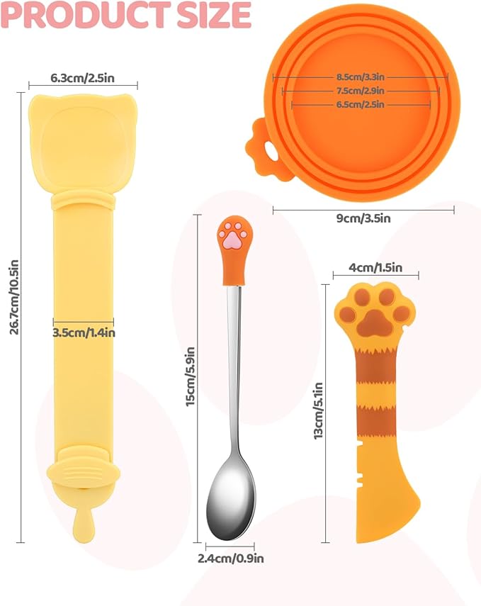 Aecsze 5 PCS Cat Food Can Covers Lids Set, Silicone Pet Food Can Lids with Multi-Function Cat Food Spoon and Opener, Cat Bar Squeezer, Stainless Steel Wet Food Spoon for Cats and Dogs (Orange)