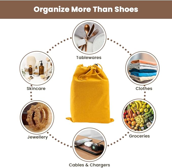 LFH Cotton Rich Shoe Storage Bags with Drawstring, Dustproof Breathable Reusable Organizer, Perfect For Travel, Dorm, Hotel, College, Gym, Easy to Carry, Machine Washable 8"x17" (Pack of 2) - Golden