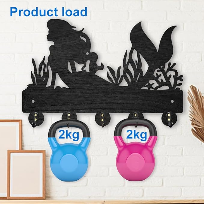 MAYJOYDIY Mermaid Coral Coat Rack Wall Mounted Wood Summer Sea Ocean Creatures Key Rack Holder for Wall 11.8×7.9inch Key Hanger Wall Art Decor 5 Alloy Hooks for Gift Entryway Hallway Kitchen Room